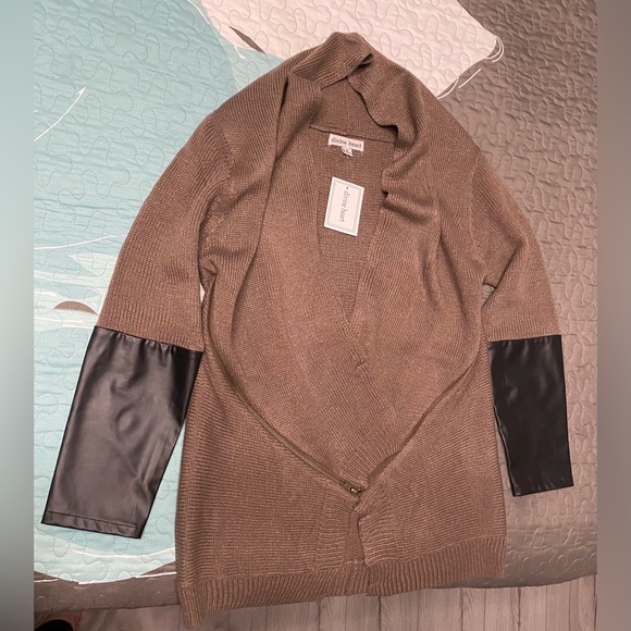 Woman’s brown open front cardigan with black faux leather sleeves detail, size S - Picture 5 of 8